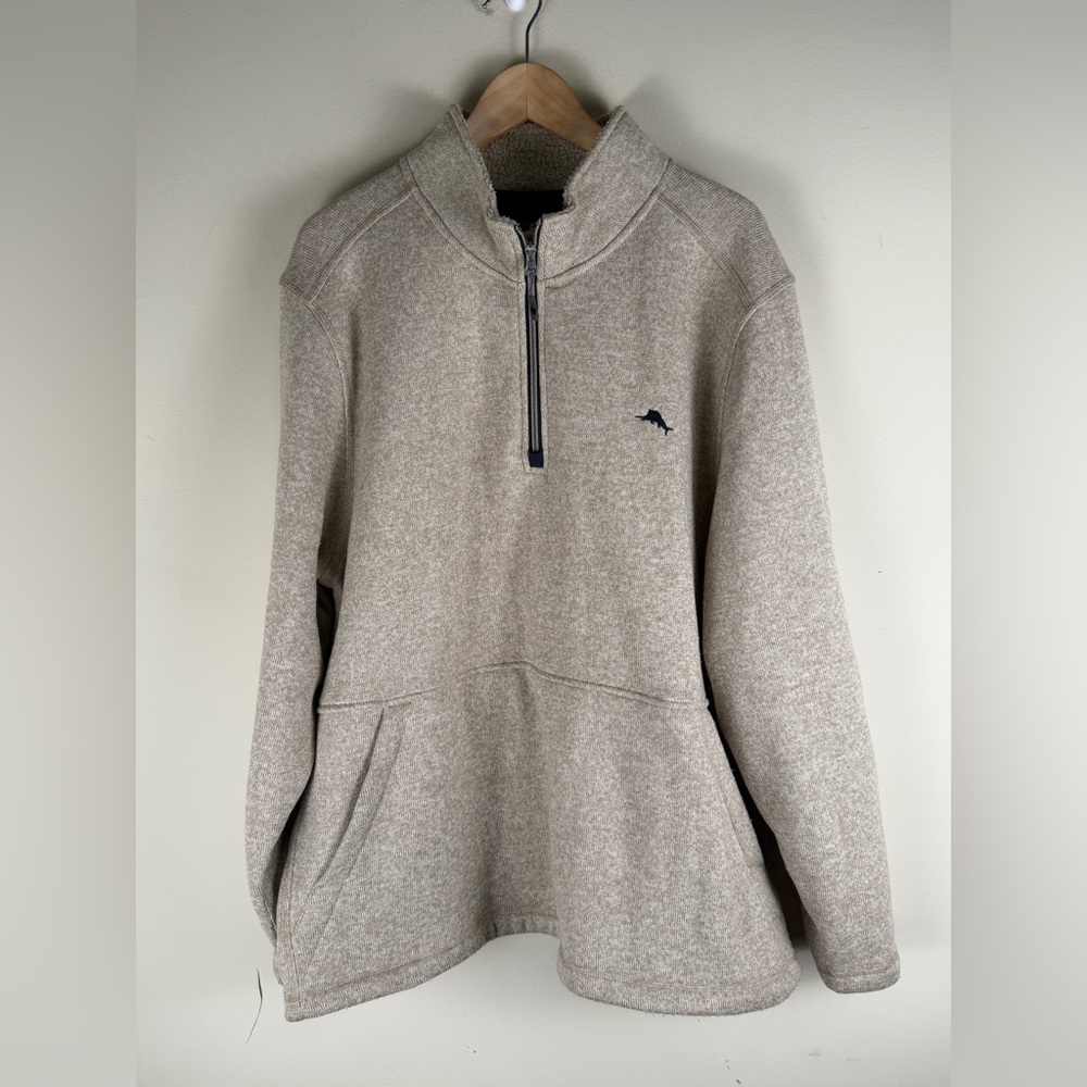 Tommy‎ Bahama Fleece Lined Pullover Sweatshirt Tan Heathered XXL Kangaroo Pocket